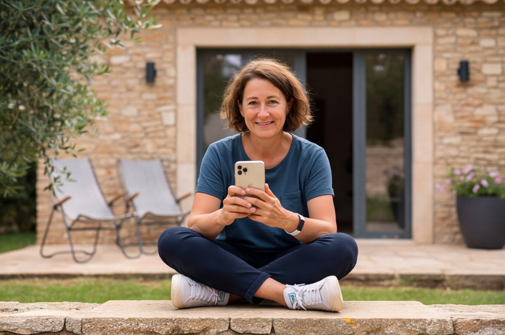 Hébergeuse souriante avec son téléphone, assise sur le muret de pierre de sa terrasse