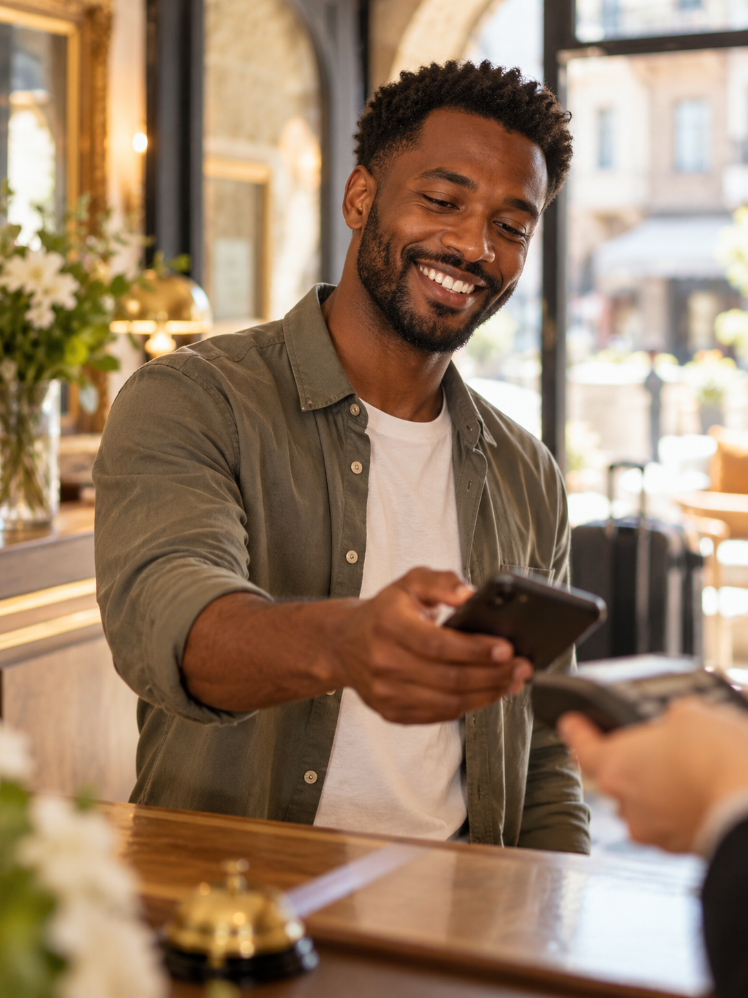 Client réglant sans contact à la réception de l'établissement