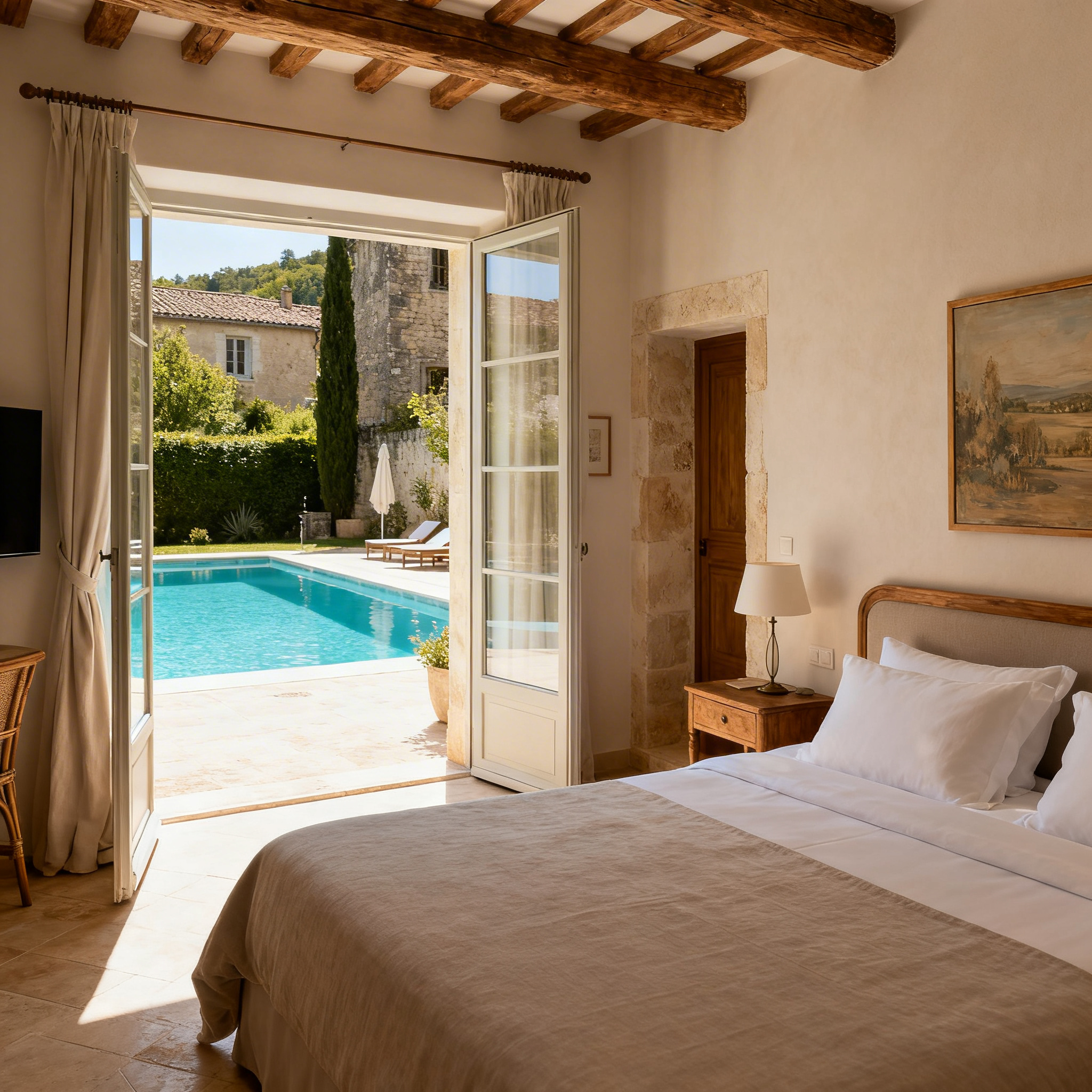 Chambre méditerranéenne ouvrant sur la terrasse et la piscine