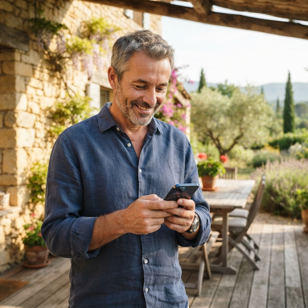 Hébergeur consultant son téléphone sur la terrasse de son gîte