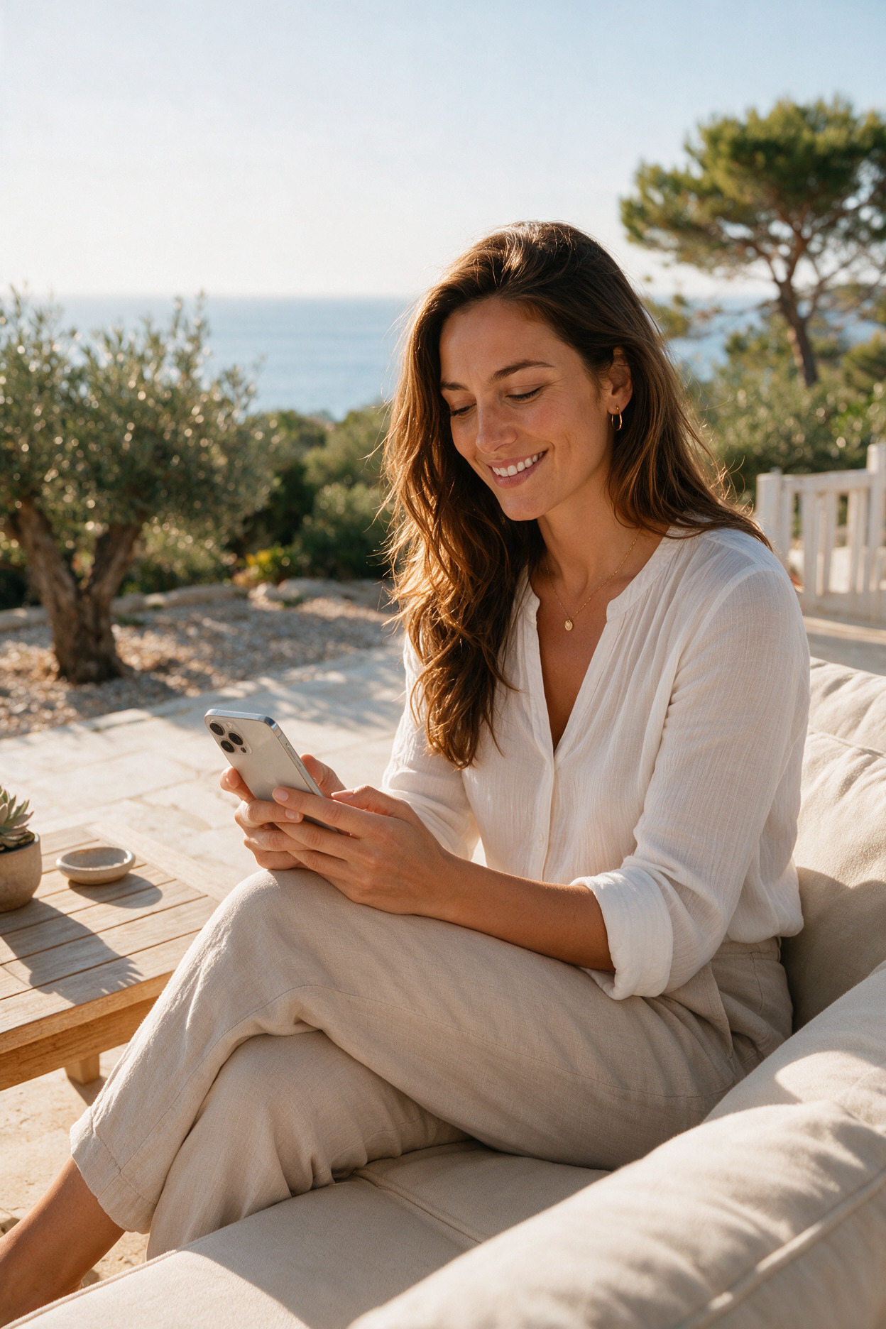 Hébergeuse sur sa terrasse face à la mer, consultant son téléphone
