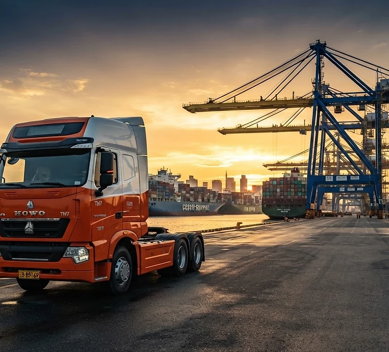 Brand-new HOWO truck at a Chinese factory port, ready for export to Nigeria