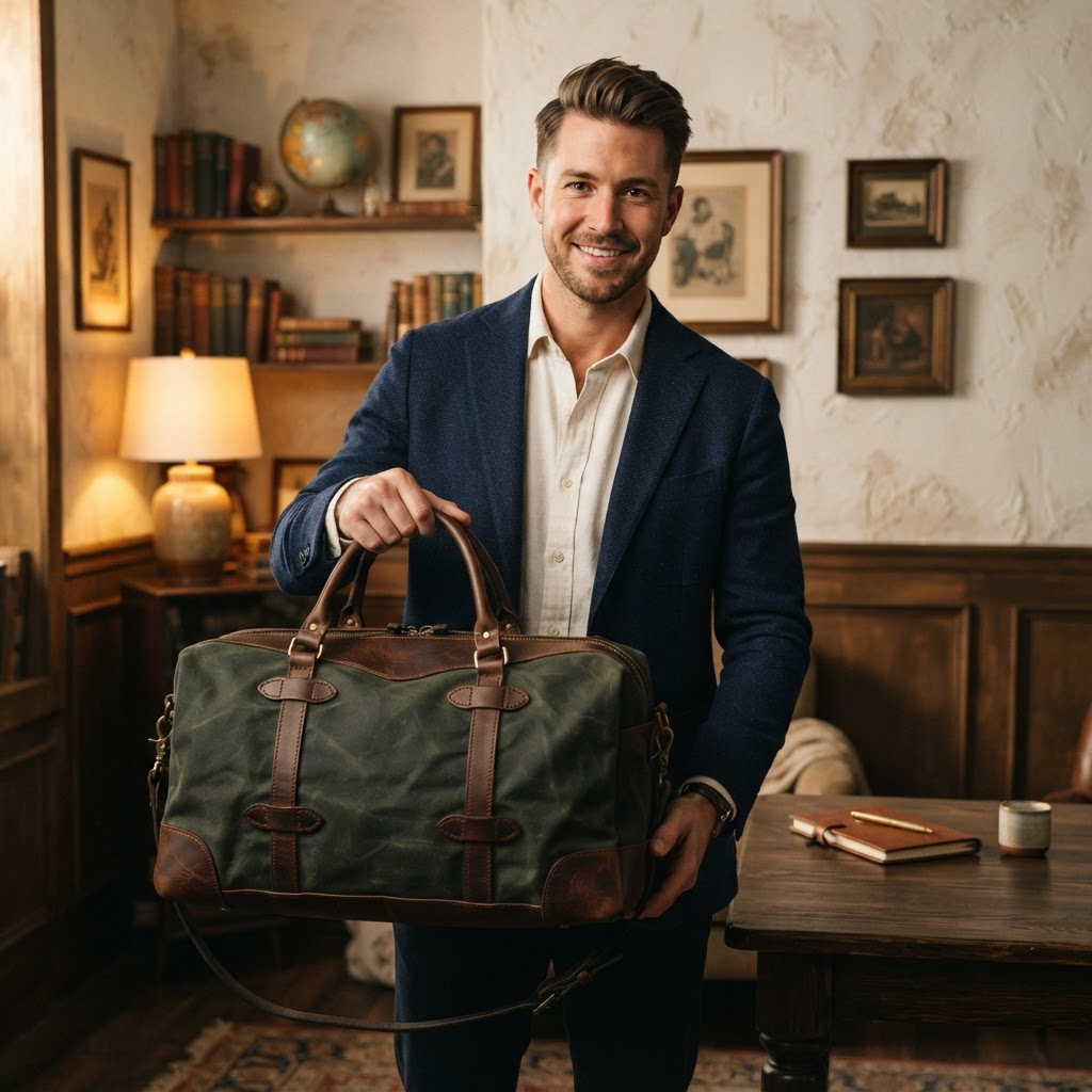 Anchor & Oak leather and canvas travel bag in use