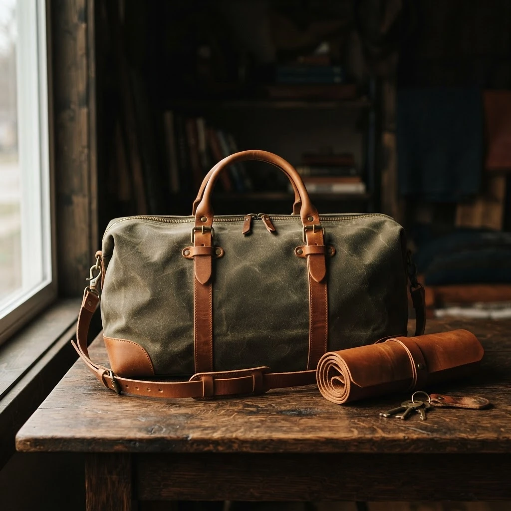 Olive waxed canvas duffel bag with tan leather handles on a dark oak table