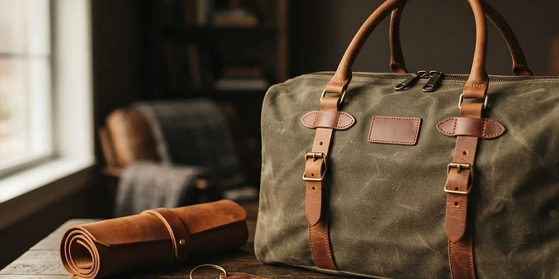 Olive waxed canvas duffel bag with tan leather handles on a dark oak table