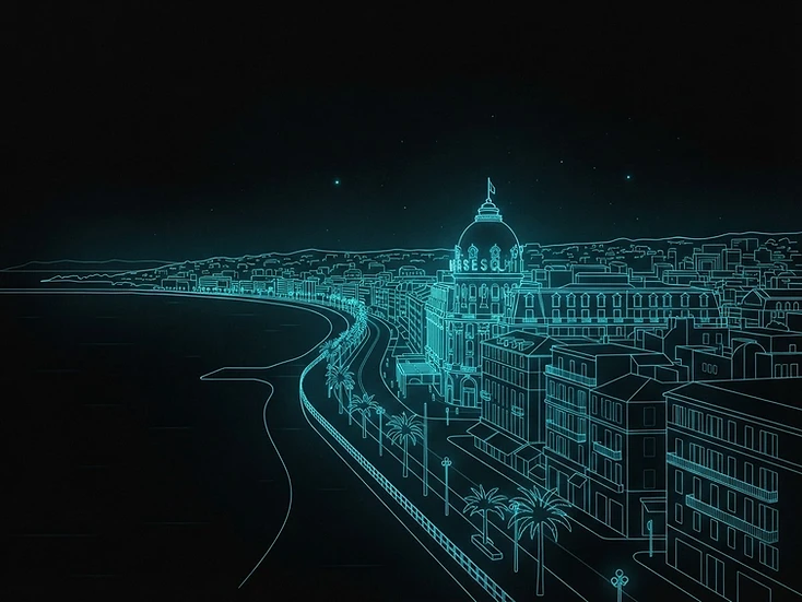 Signature visuelle de Nice : skyline en traits lumineux