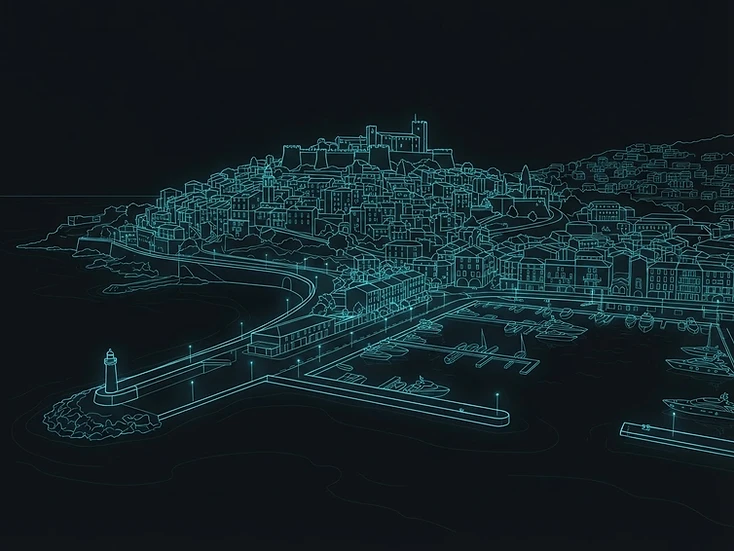 Signature visuelle de Cagnes-sur-Mer : skyline en traits lumineux