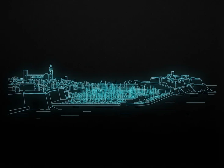 Signature visuelle de Antibes : skyline en traits lumineux