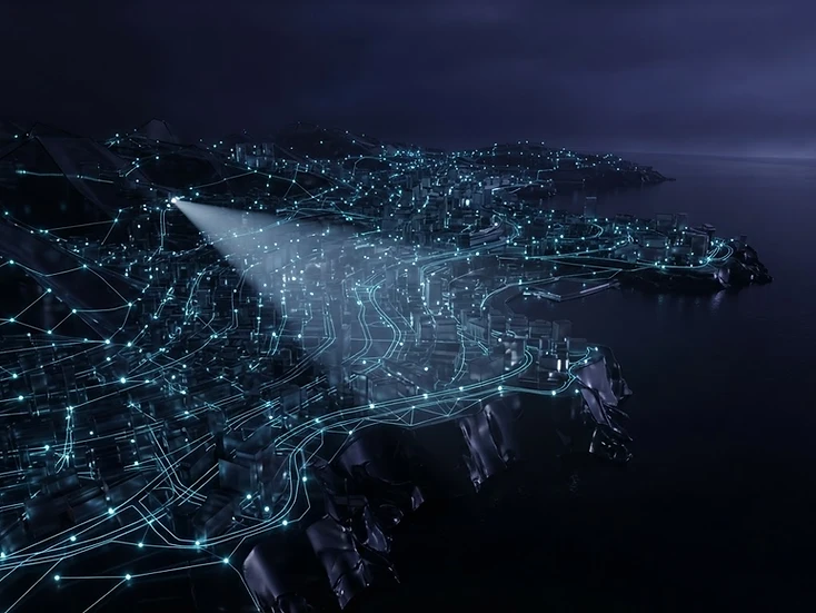 Topographie 3D d'une ville côtière méditerranéenne en verre sombre translucide avec des points de données lumineux