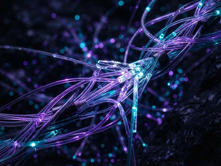 Câbles de fibre optique lumineux représentant le flux de données et l'indexation par les moteurs de recherche