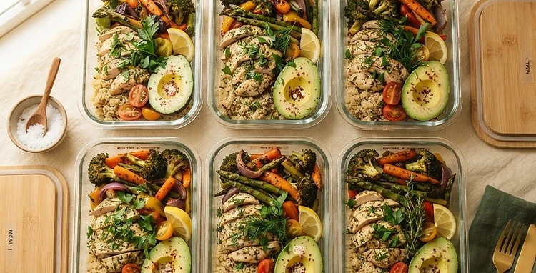 Healthy meal prep containers with colorful roasted vegetables, grains and greens