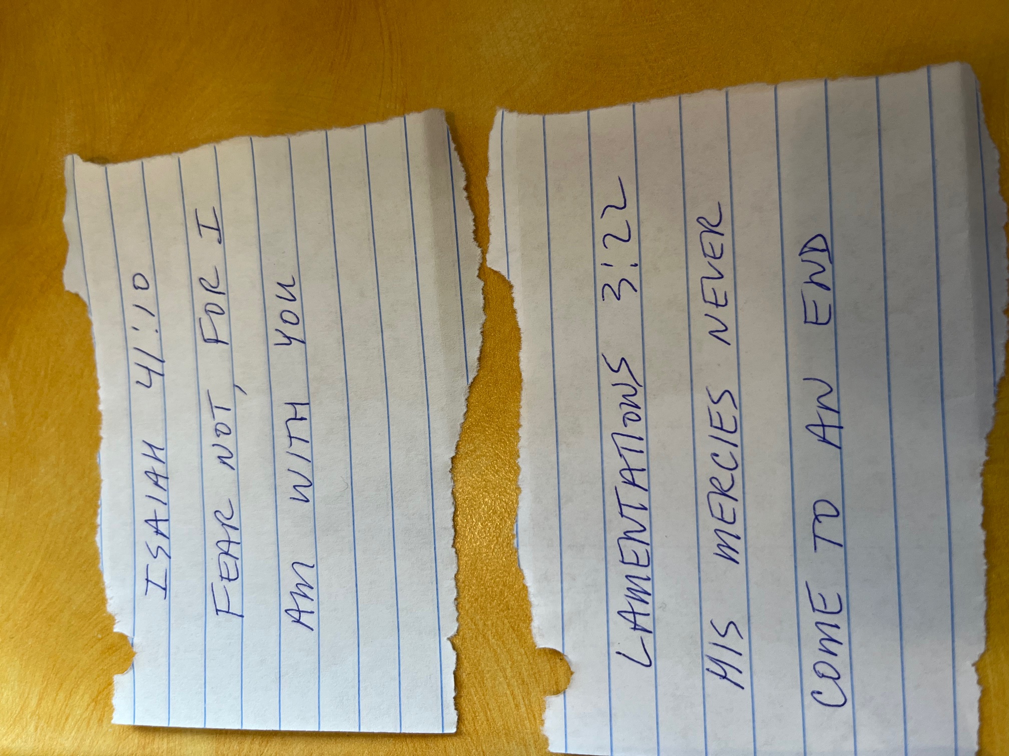 Isaiah 41:10 and Lamentations 3:22 written by hand on small torn scraps