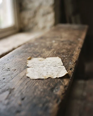 A handwritten Bible verse on a scrap of paper left on a wooden bench