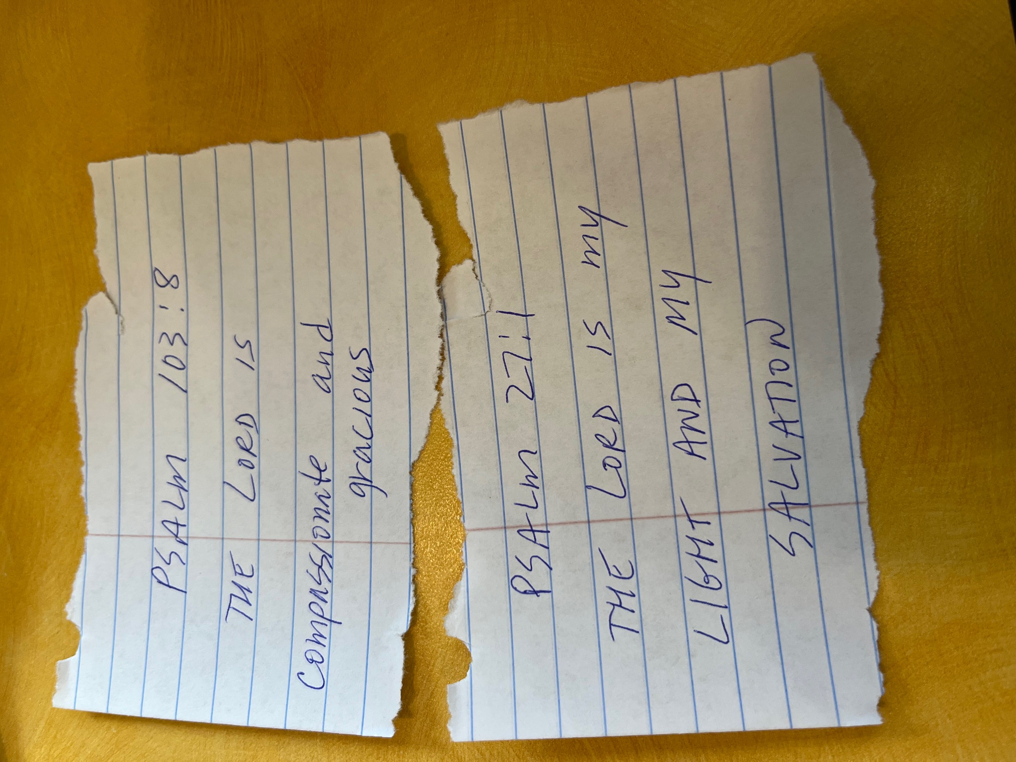 Psalm 103:8 and Psalm 27:1 handwritten on torn lined notebook paper
