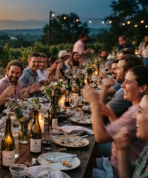 A communal vineyard dinner at dusk — friends, half-empty bottles, wildflowers
