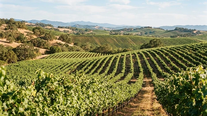 Rolling Sonoma County hills in midsummer with vines in full canopy