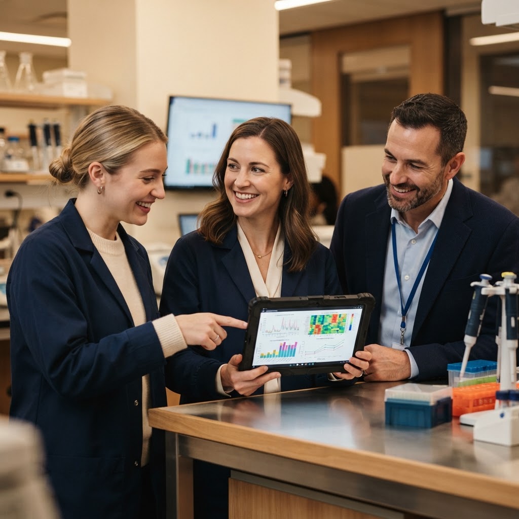Biomedical researchers and a clinician reviewing longitudinal metabolomic data