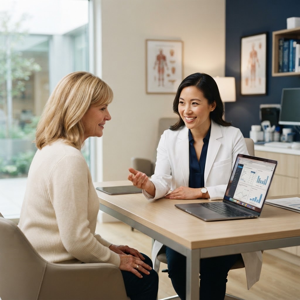 A clinical trial patient in conversation with a researcher, understanding treatment response
