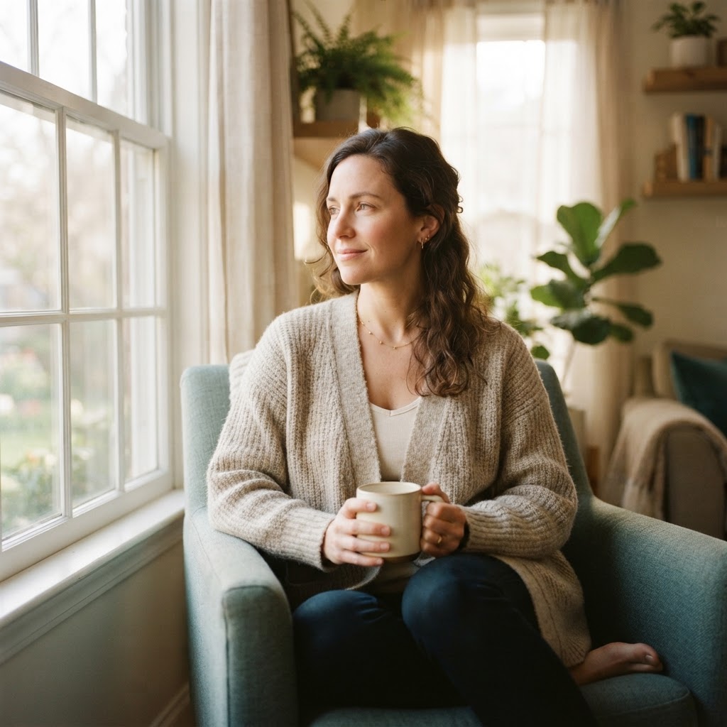 A woman living with lupus sitting quietly by a window in soft morning light