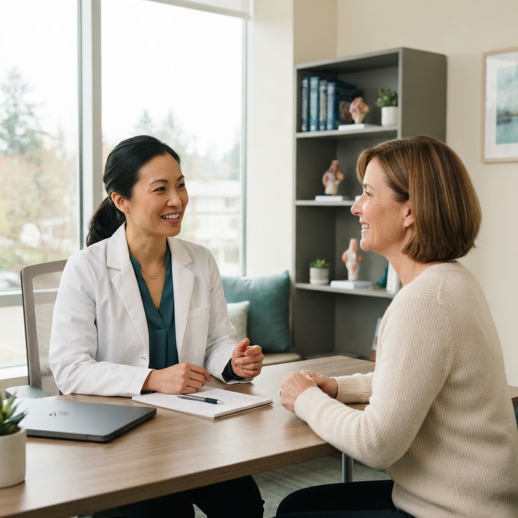 A rheumatologist discussing longitudinal biological information with a patient during a consultation