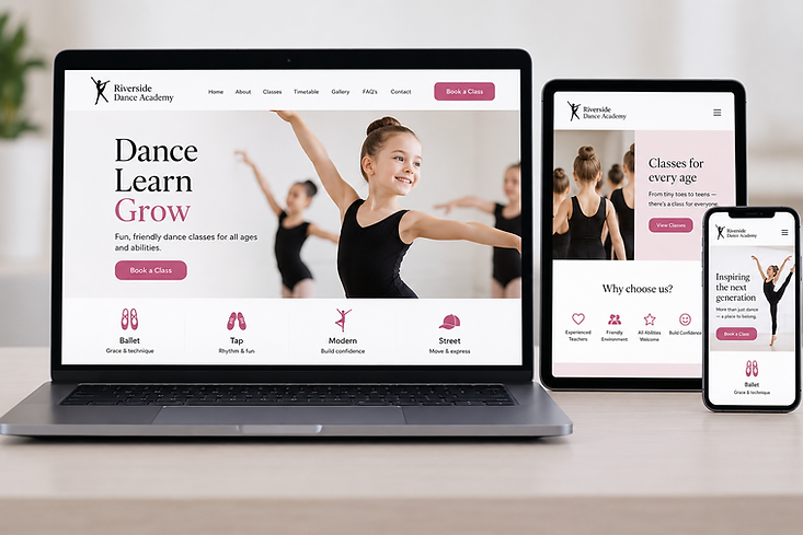 Riverside Dance Academy website shown on laptop, tablet and phone