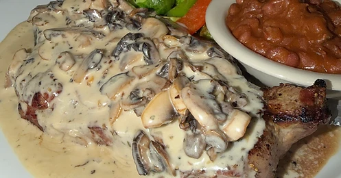 Smothered steak with mushrooms and baked beans