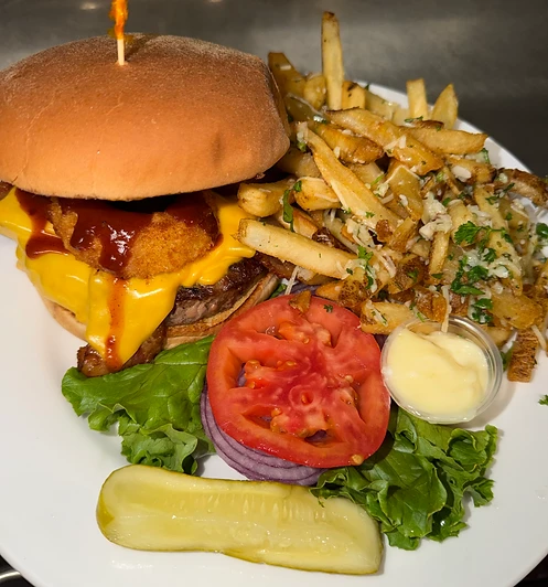 Smokehouse cheeseburger with seasoned fries