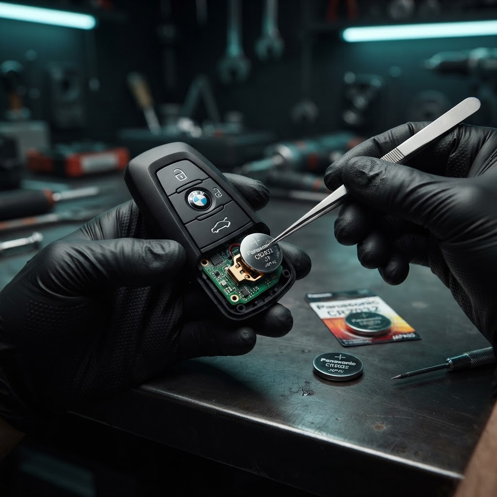 Litchfield County CT Locksmith — key fob battery replacement by AAA&B Locksmith LLC, swapping a CR2032 battery in a car remote key fob in Litchfield County, CT