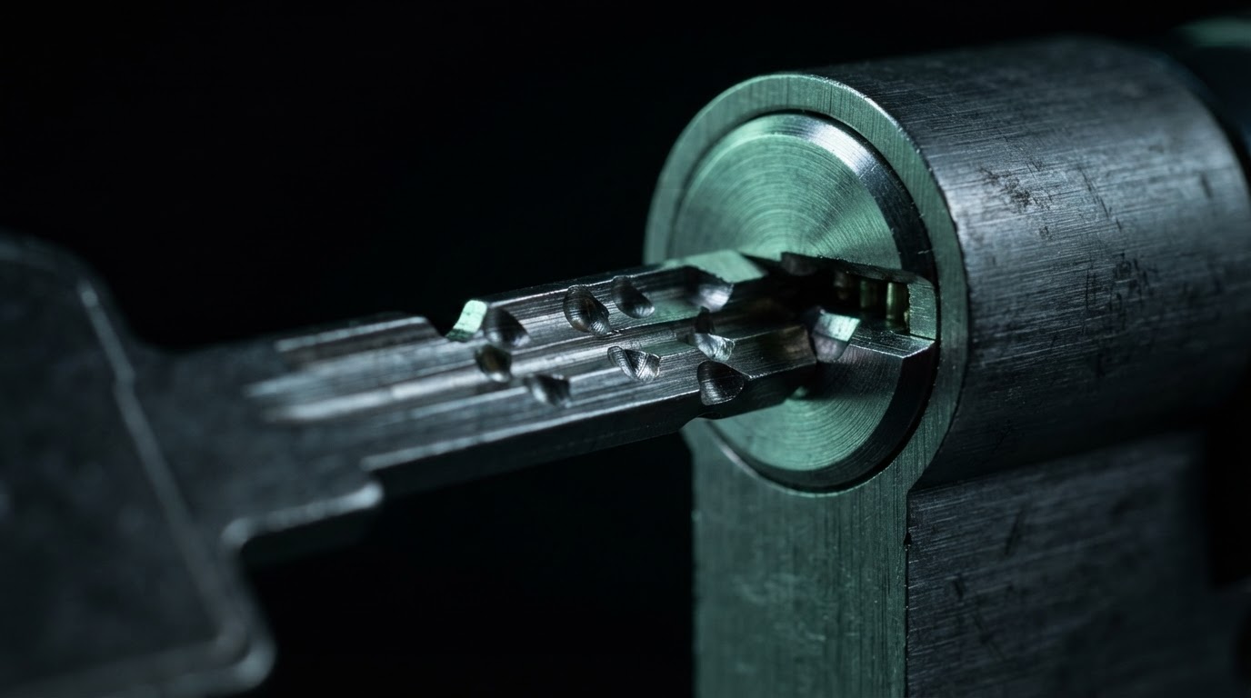 High-security dimple key inserted into a brushed steel lock cylinder — AAA&B Locksmith LLC 24/7 emergency locksmith services in Waterbury, CT