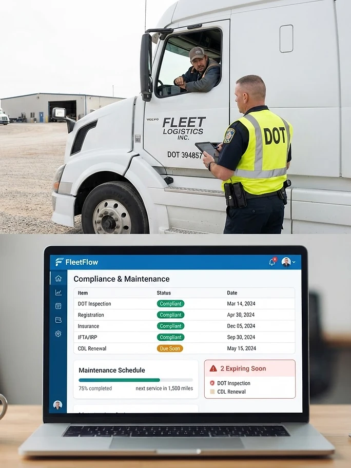 DOT inspection officer above a compliance and maintenance dashboard