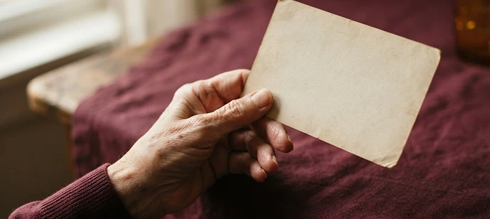 An elderly hand holding a postcard
