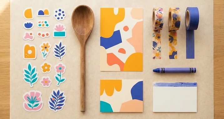 Colorful stickers and a wooden recipe spoon
