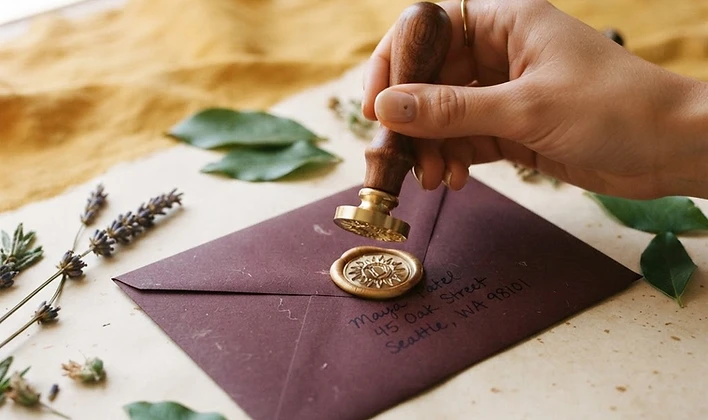 A hand sealing a DS wax stamp on a navy envelope