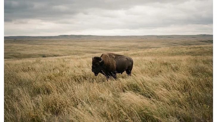 A plains bison standing in tall prairie grass under a wide sky