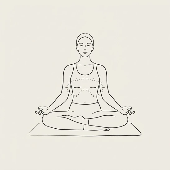 A line-art illustration of a woman sitting in cross-legged meditation posture