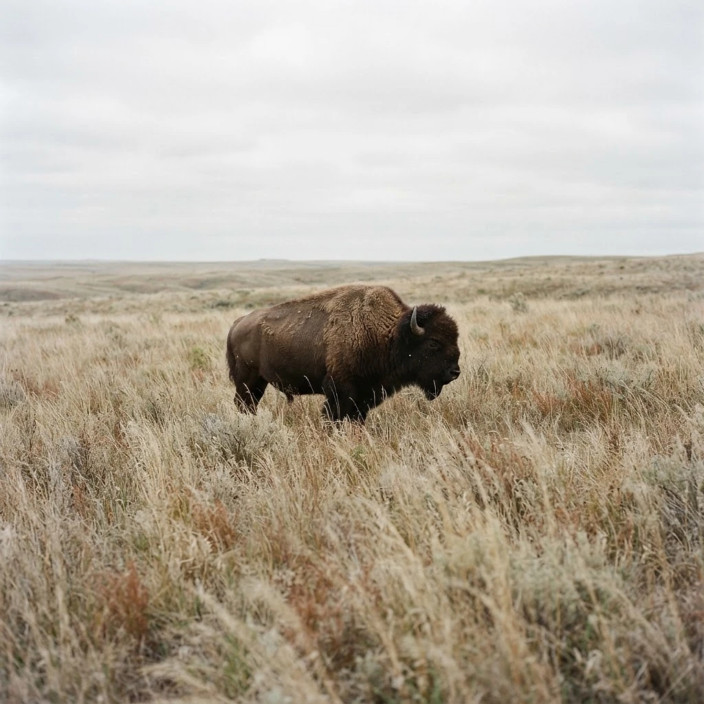 A plains bison standing in tall dry prairie grass under an overcast sky