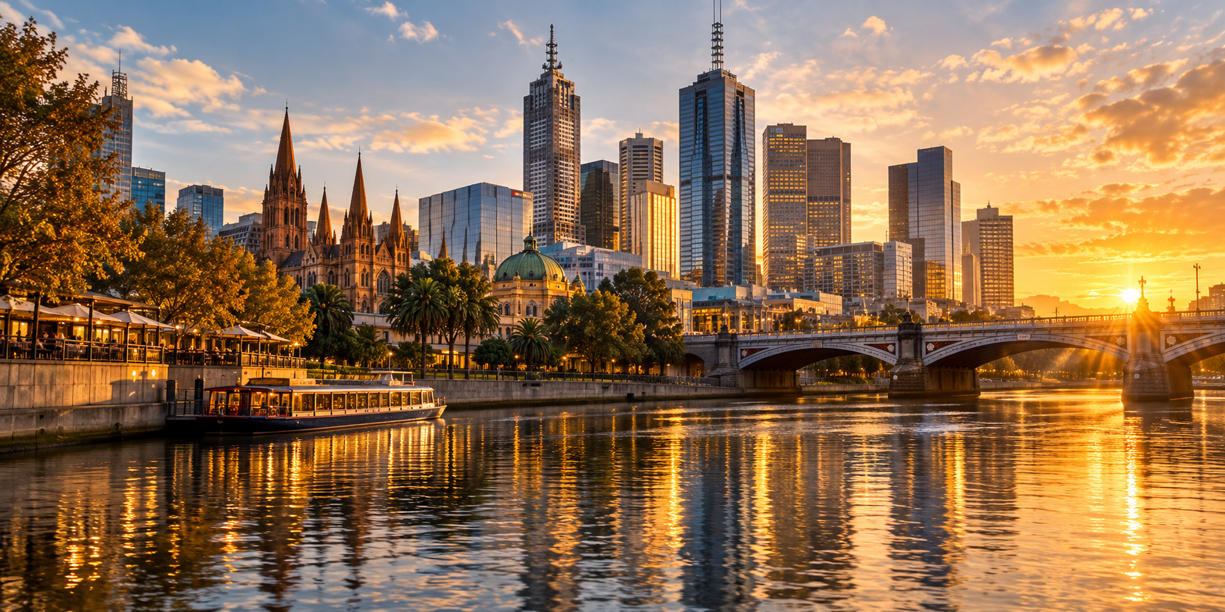 Melbourne's Yarra river and city skyline at golden hour
