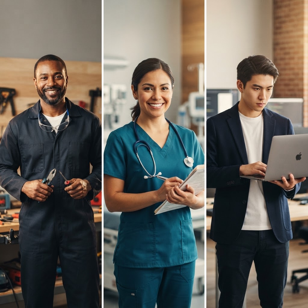 The modern workforce across three sectors: a skilled tradesperson, a healthcare professional, and a technology developer