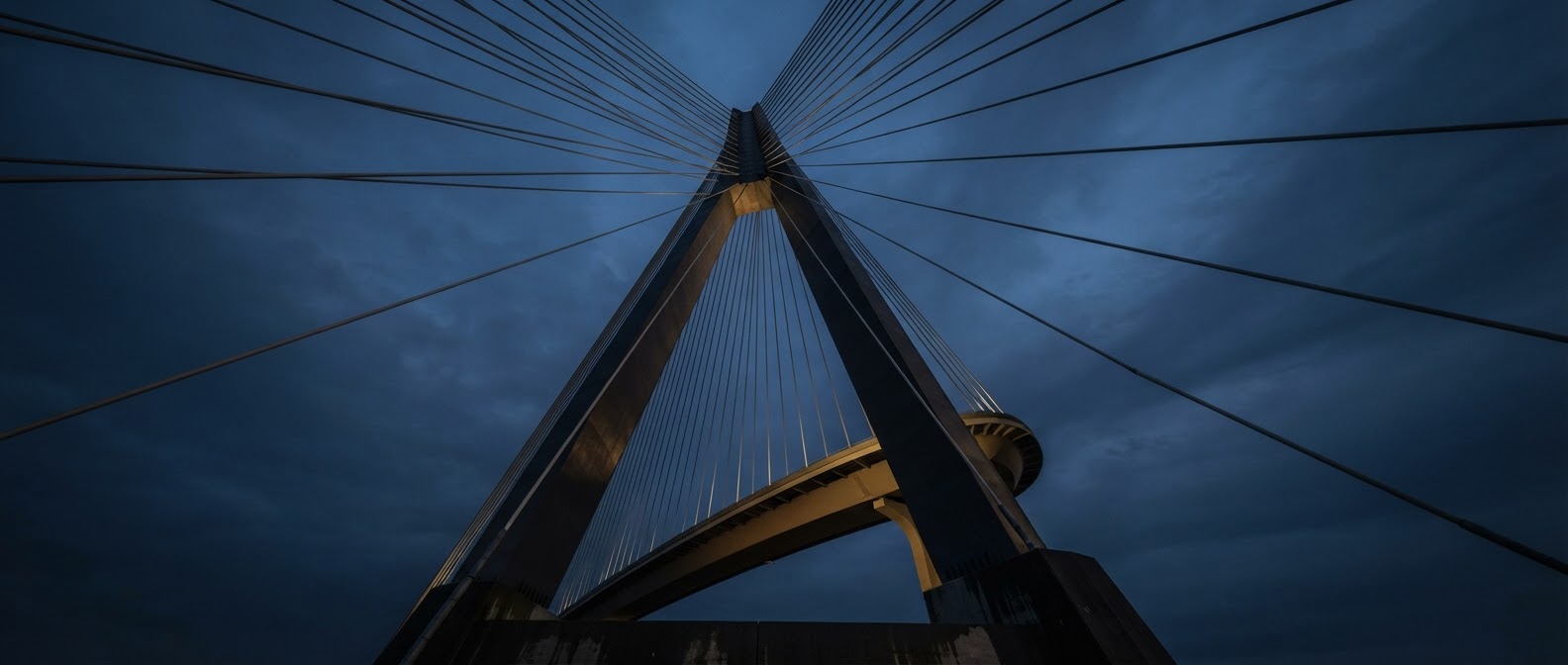 Abstract architectural bridge at blue hour, symbolizing connection and pathways