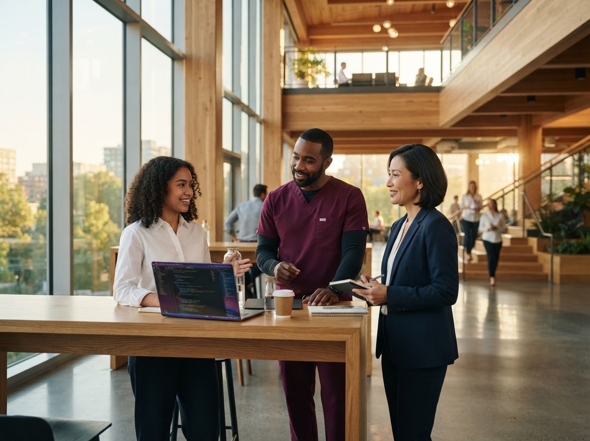 A diverse group of professionals — a tech student, a healthcare worker, and a corporate executive — collaborating in a sunlit modern space