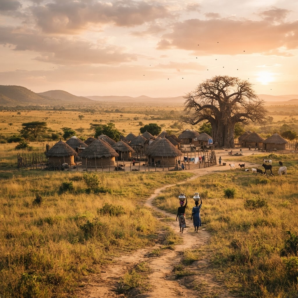Illustration: Rural Mozambique landscape at golden hour