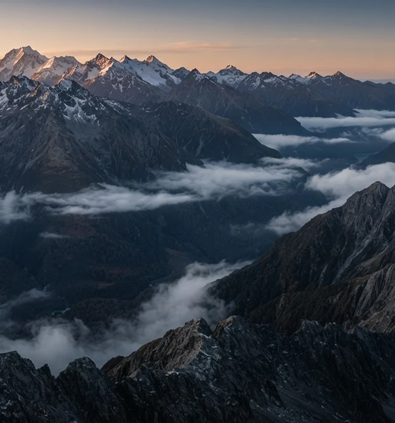 Aerial view of New Zealand alpine ridgelines at dawn