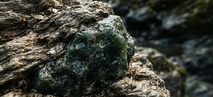 Macro detail of pounamu greenstone and weathered schist
