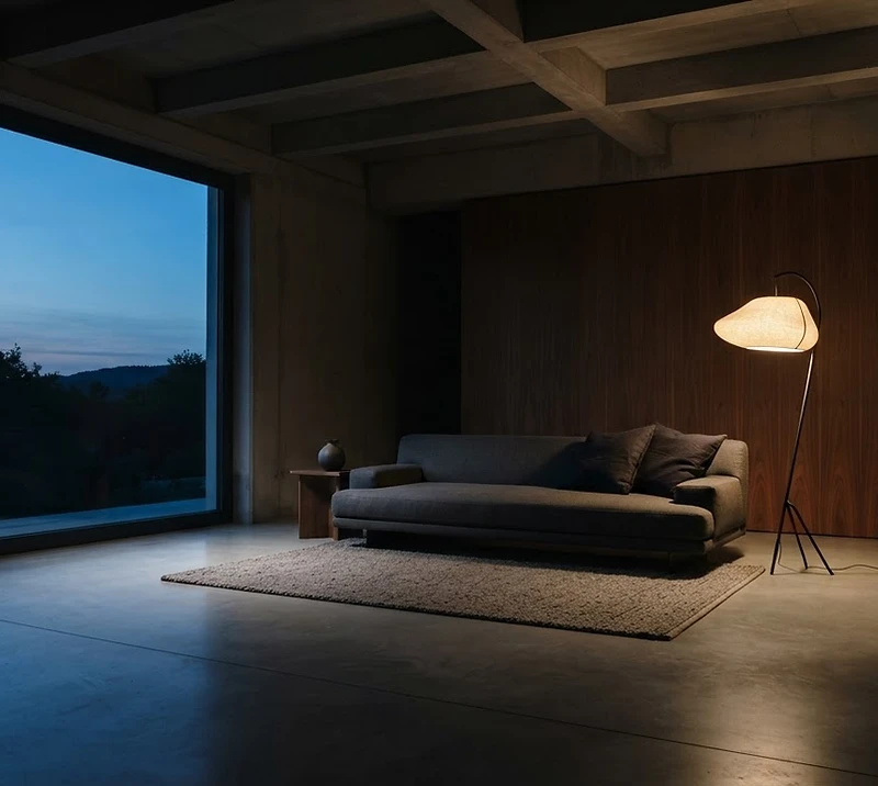 Minimalist living room at dusk