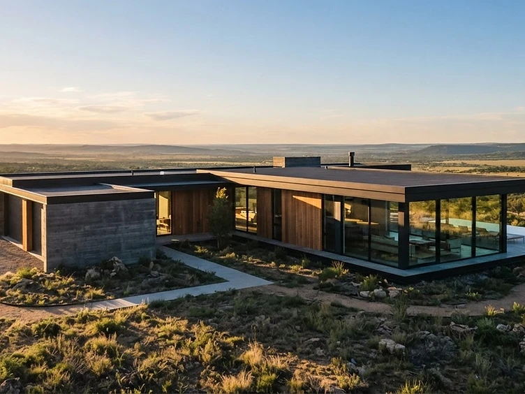 Minimalist modern home at golden hour