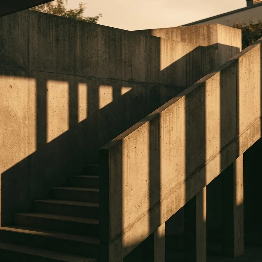 Abstract concrete staircase with overlapping column shadows