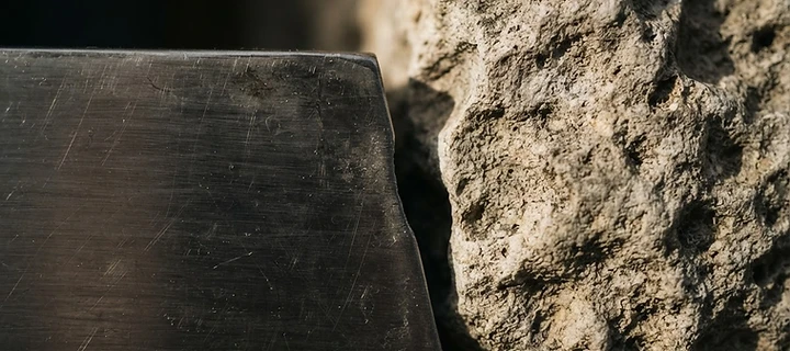 Macro detail of brushed metal meeting textured stone