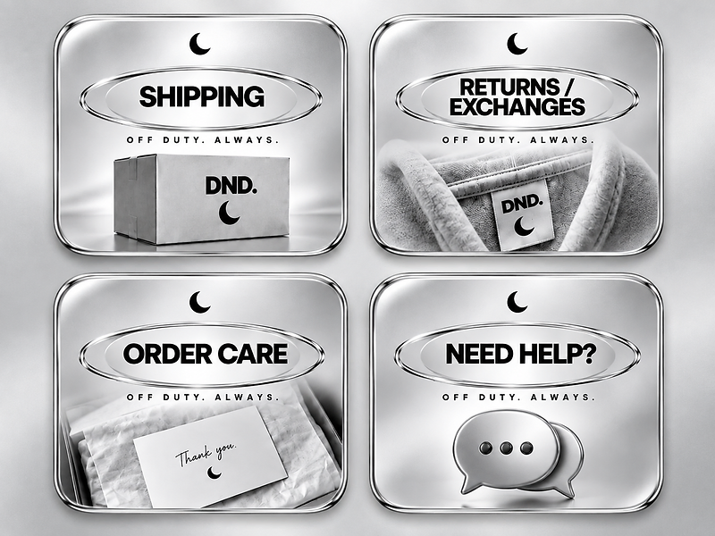 FAQ menu for shipping, returns and exchanges, order care, and help