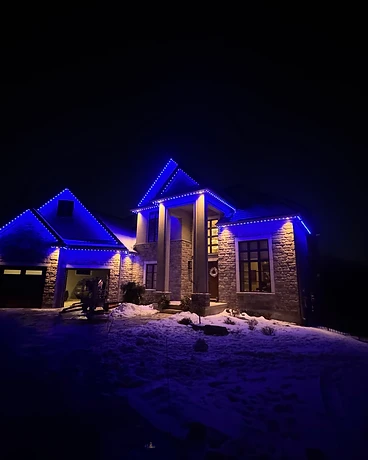 Snowy Night — Blue Roofline — GoBright permanent lighting installation