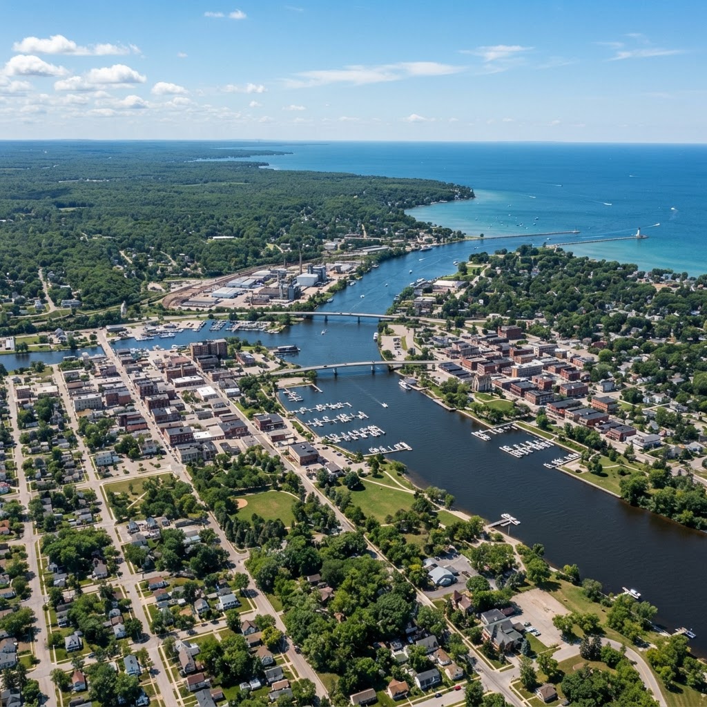 Aerial view of Marinette, WI and Menominee, MI
